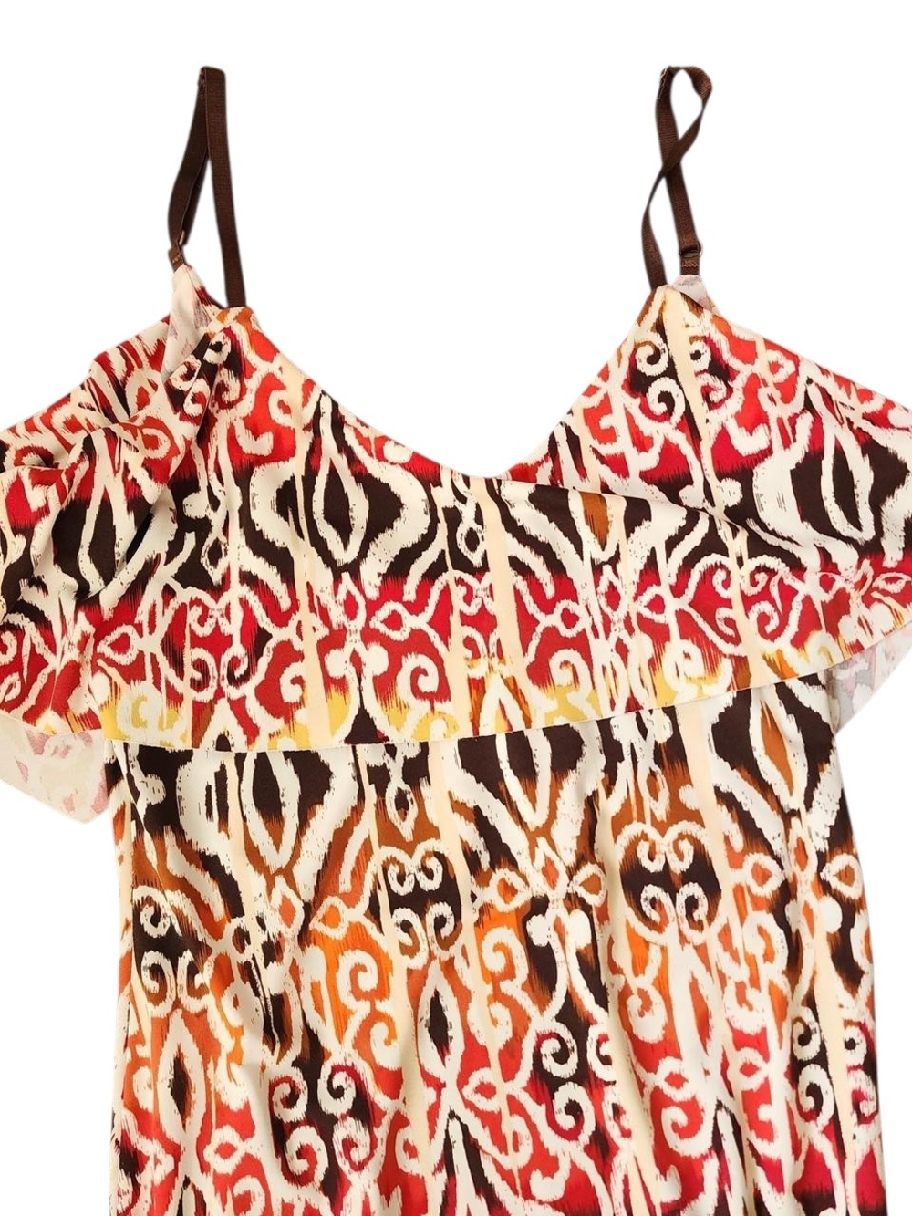 Women’s Printed Ruffle Top Maxi Dress- Red, Brown & Cream